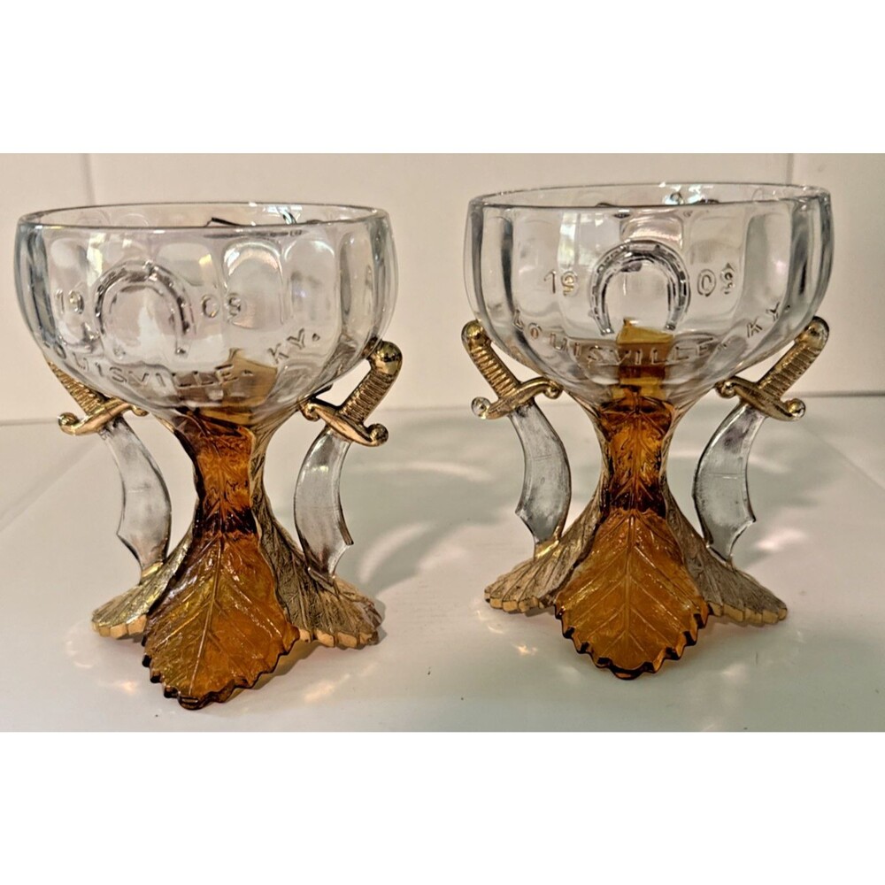 Antique 1909 Syria Temple Louisville KY (2) Masonic Shriner Sword Glass Goblets